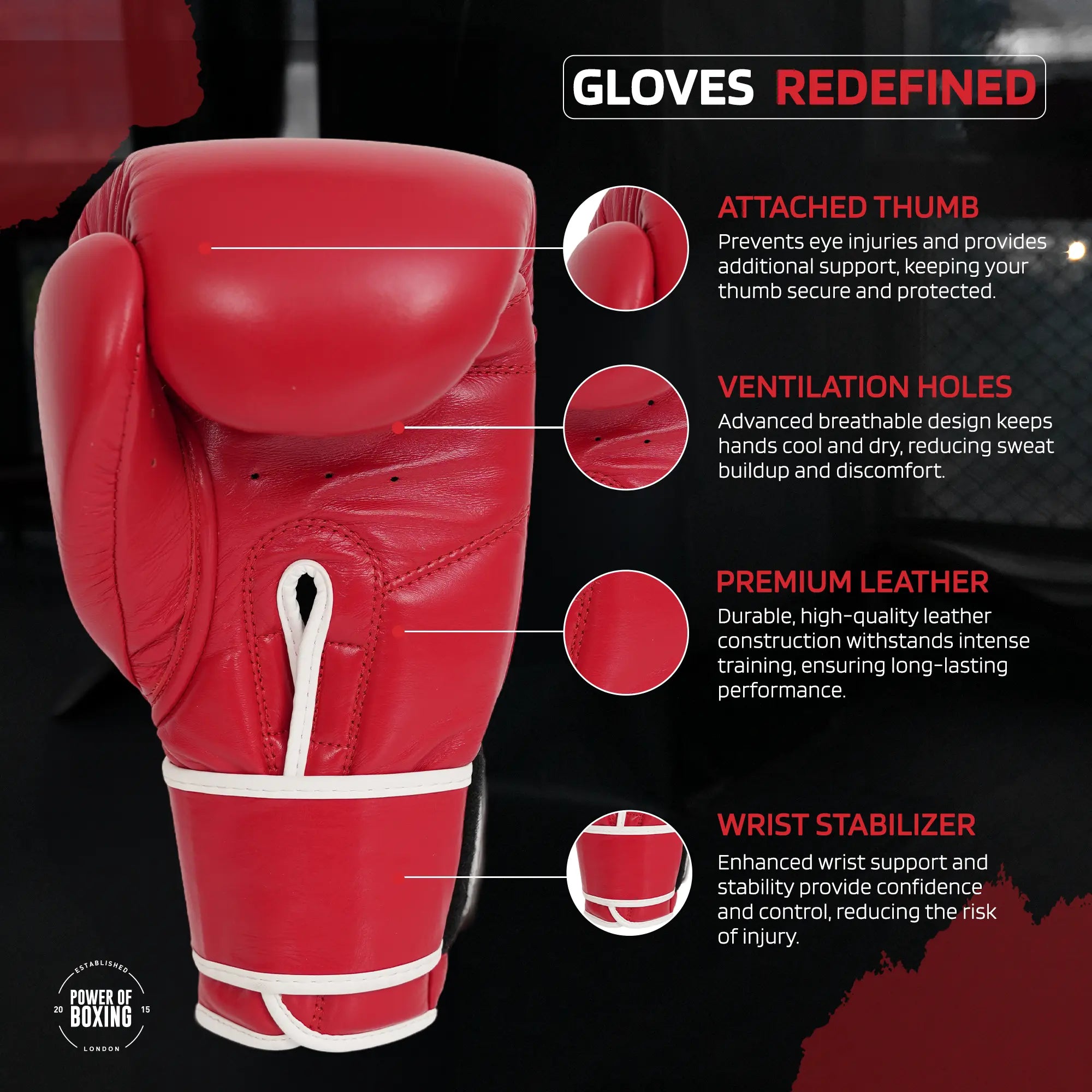 12oz Leather Boxing Gloves - Red Color | POB Store UK